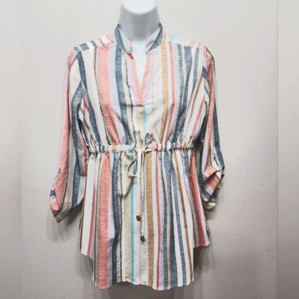 Hint of Blush Multicolor Striped Blouse Tunic V-neck 3/4 Roll Tab Sleeve Small